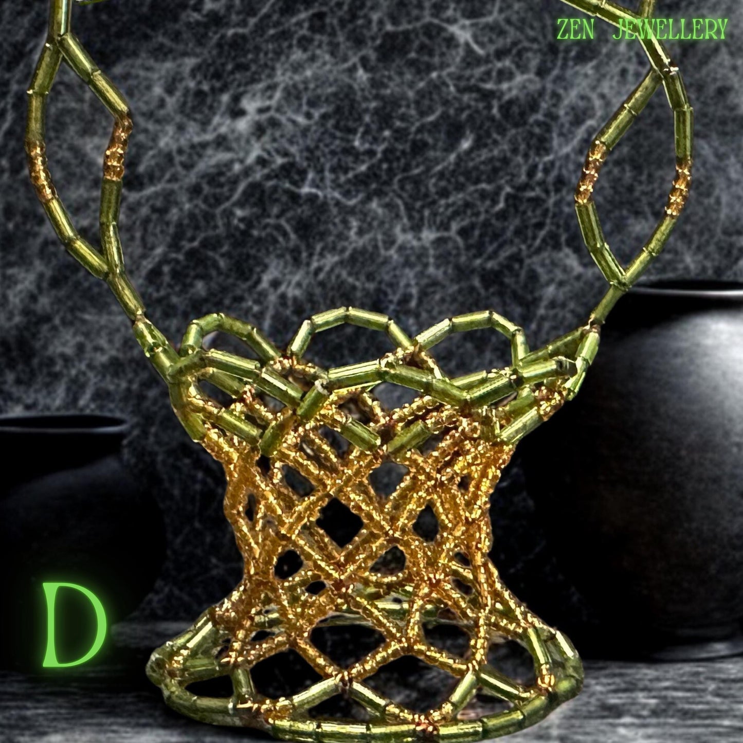 Handmade Mini Basket Green Yellow Beaded Unique Home Decor