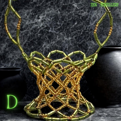 Handmade Mini Basket Green Yellow Beaded Unique Home Decor