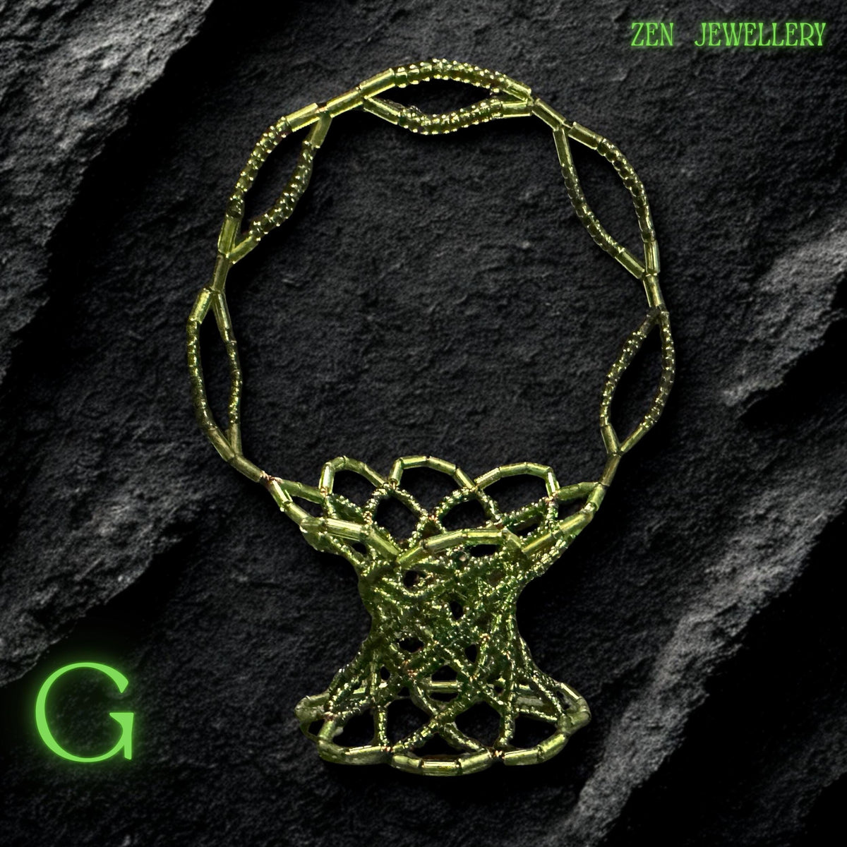 Compact green bead basket used as a trinket holder, photographed to show its refined texture