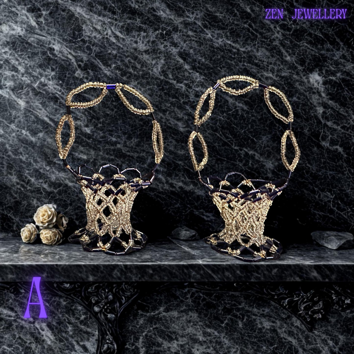 Artisan handwoven basket in purple and champagne tones displayed as an elegant home décor accent.