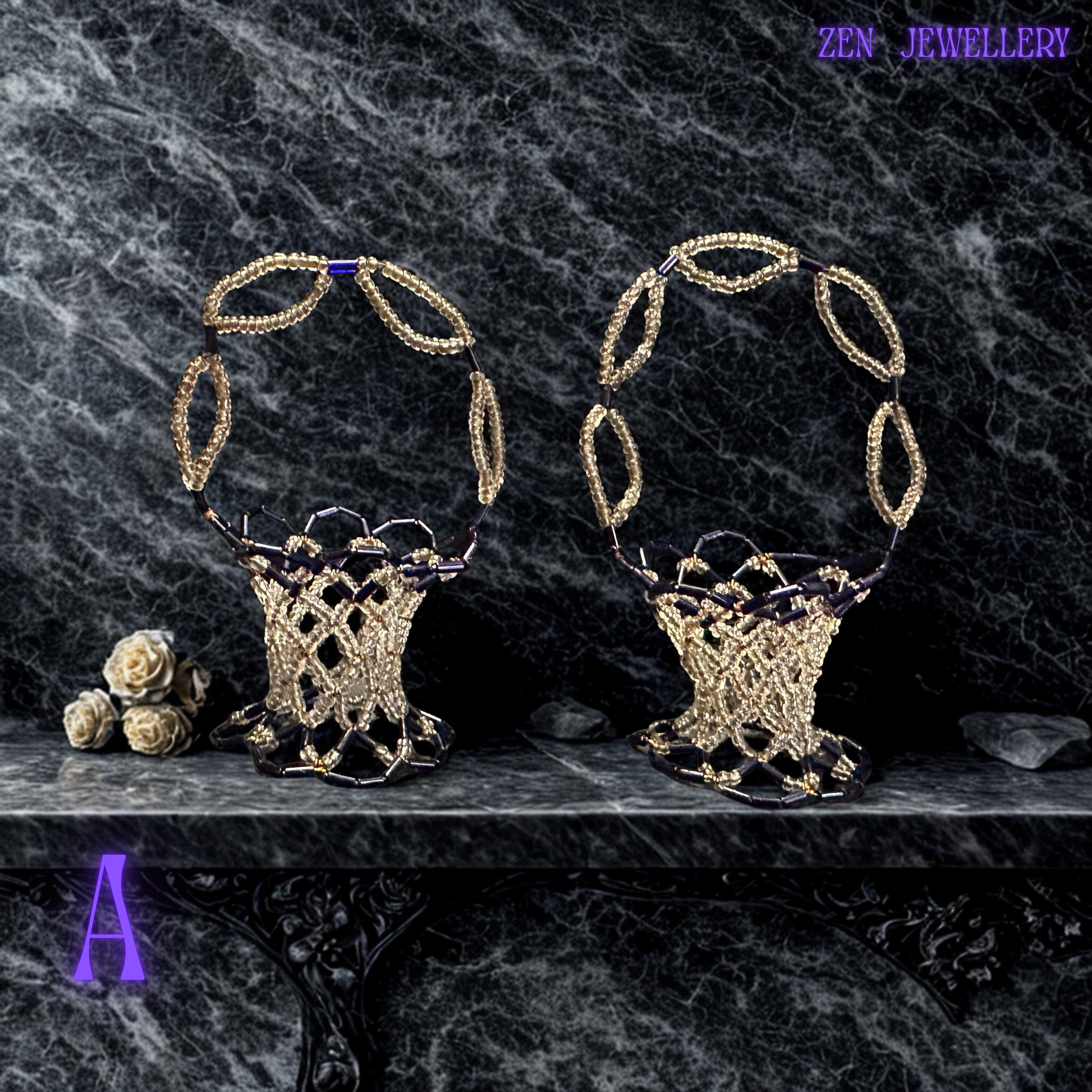 Artisan handwoven basket in purple and champagne tones displayed as an elegant home décor accent.