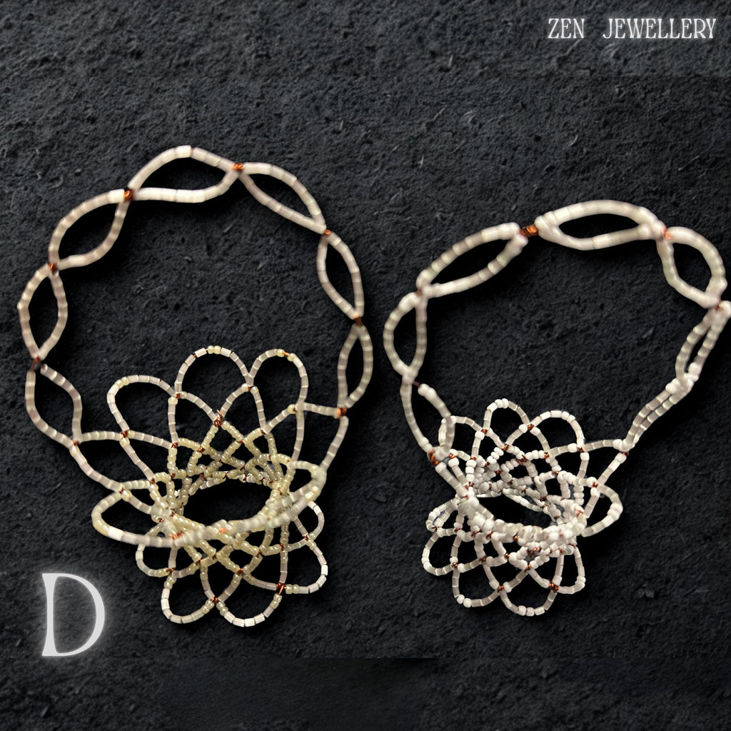 Top-down shot of a handmade bead basket highlighting the evenly spaced white glass beads