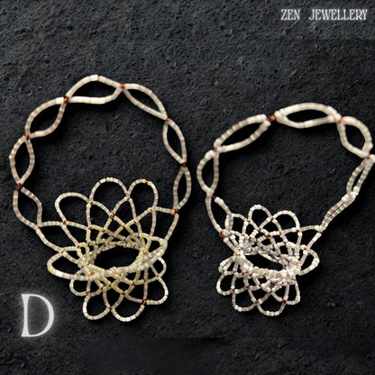 Top-down shot of a handmade bead basket highlighting the evenly spaced white glass beads