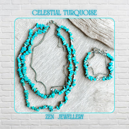 Three-layer turquoise chips necklace with matching bracelet and delicate silver chain on light wooden background.