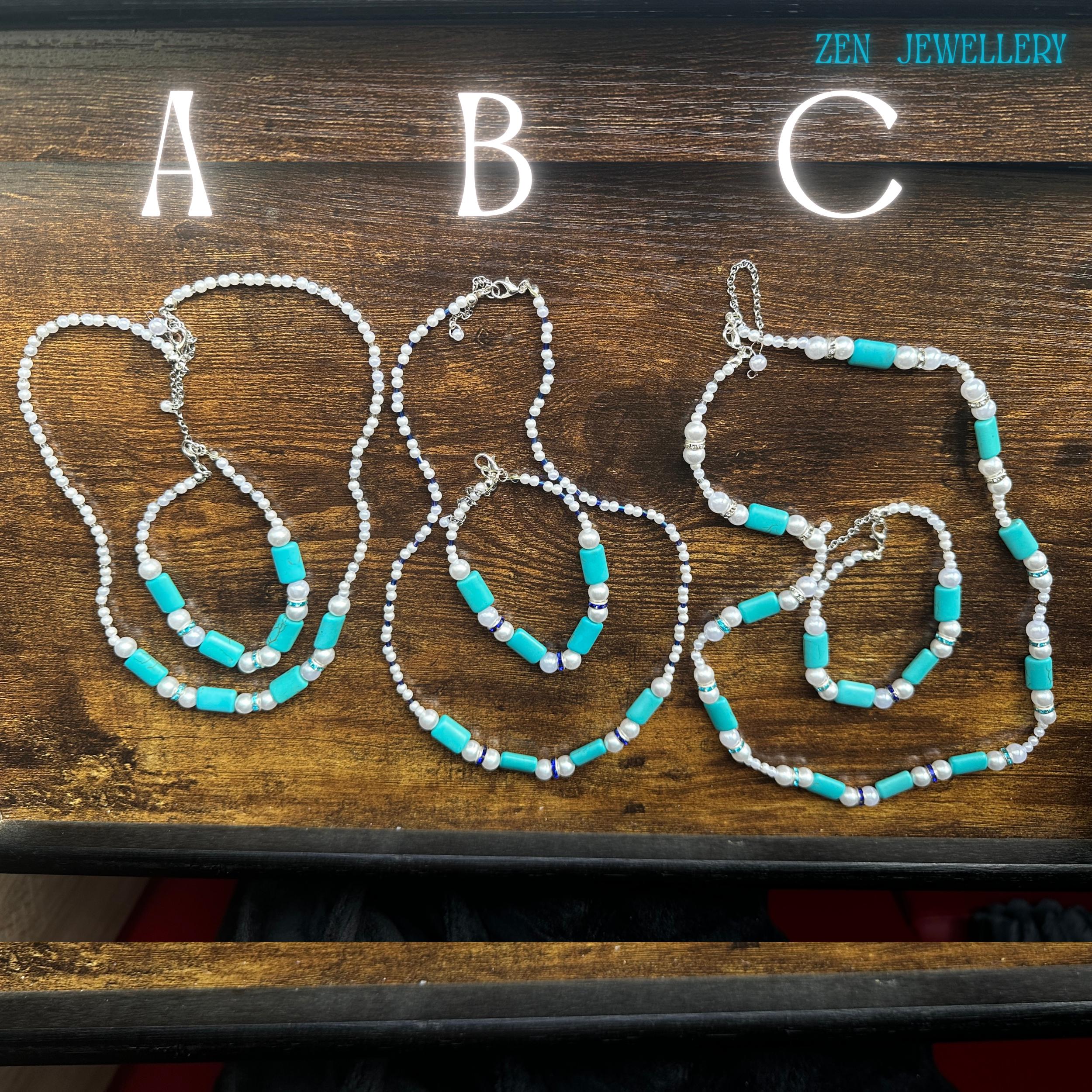 Close-up showing the 3 sets of blue hues of natural turquoise rectangular beads mixed with delicate seed beads.