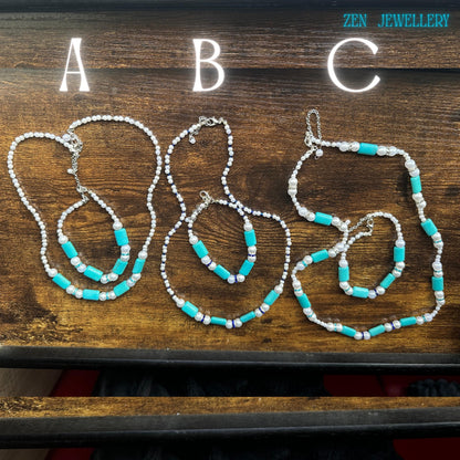 Close-up showing the 3 sets of blue hues of natural turquoise rectangular beads mixed with delicate seed beads.