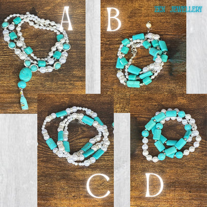 The handcrafted necklace is arranged in elegant curves, showcasing the long turquoise beaded strand and detailed tassel pendant. The natural turquoise stones feature organic marbling, while the pearl beads add softness and sophistication. Sterling silver findings and rhinestone spacers enhance the premium quality feel. Measuring approximately 64 cm long, this necklace offers versatile styling for boho chic fashion.