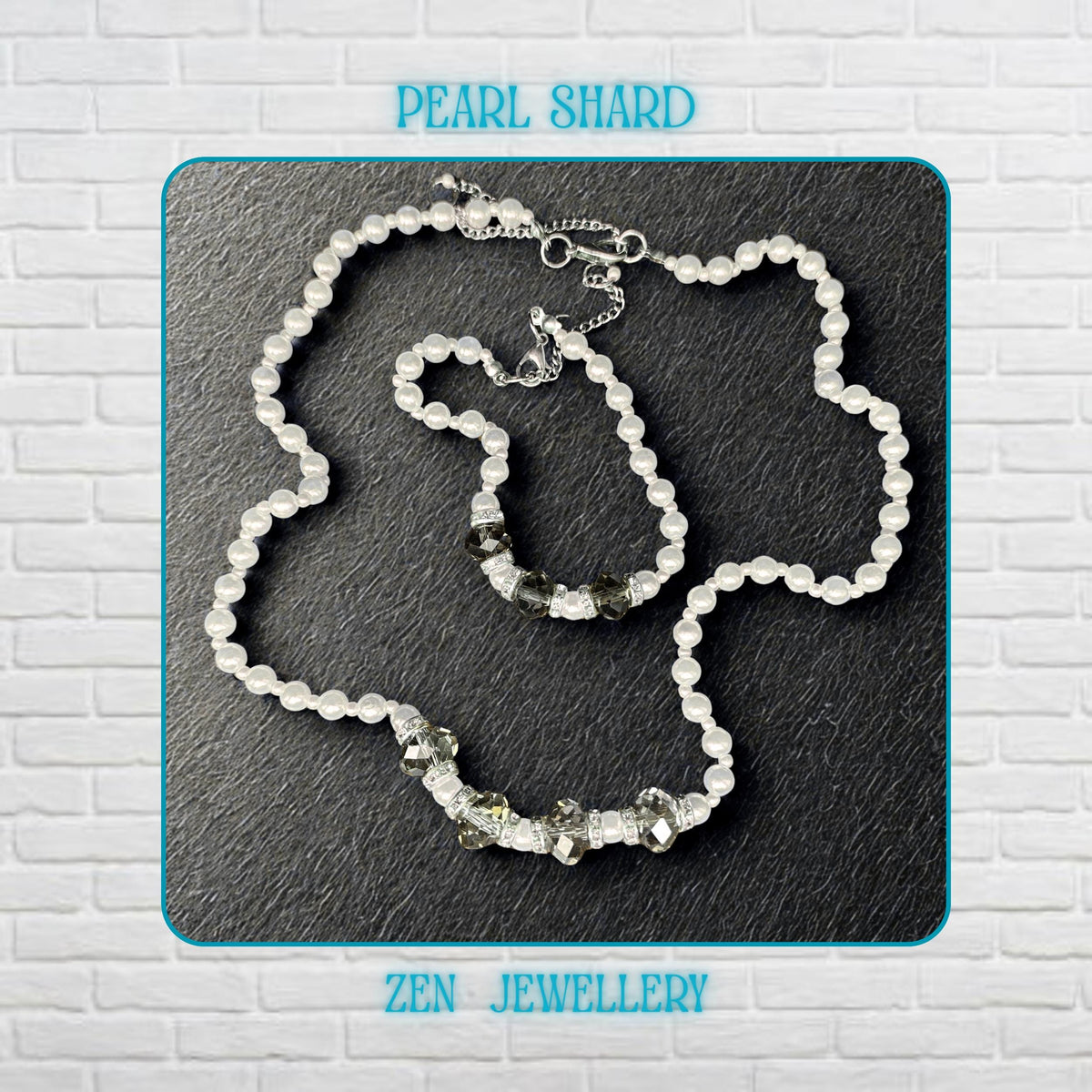 Close-up of PEARL SHARD necklace showing white pearls and transparent white Austrian crystals with a silver clasp. The silver chain closure and extension chain add a refined finishing touch. The jewellery set creates a feminine, romantic, and timeless appearance inspired by bridal fashion and classic pearl jewellery styling.