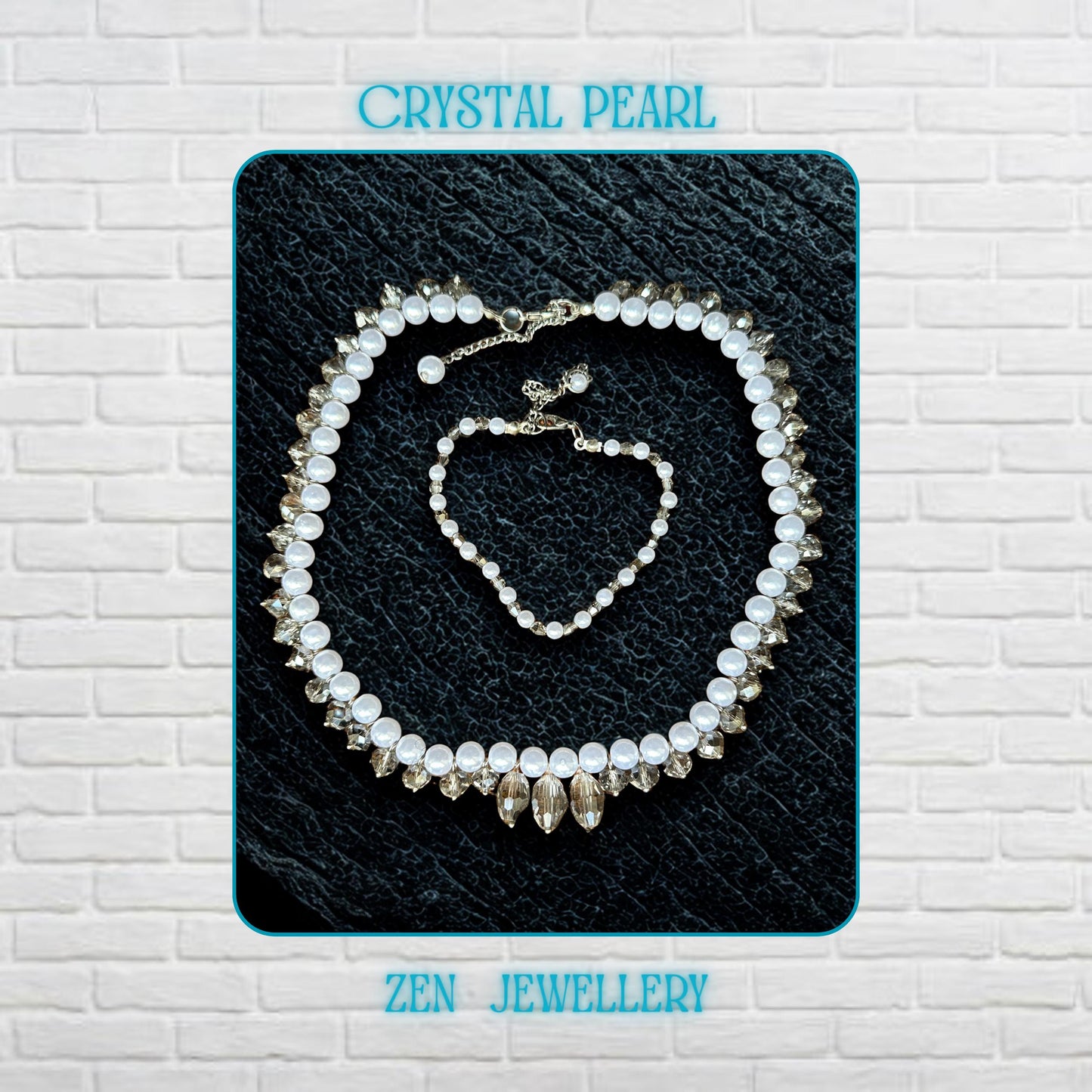 Close-up view of a handmade white pearl jewellery set with sparkling grey crystal accents and silver rhinestone spacer details arranged on a dark textured surface. The necklace features alternating glossy pearl-style beads and faceted crystal beads creating elegant texture and contrast. The matching bracelet includes delicate silver chain details and a secure clasp closure. This lightweight bridal-inspired jewellery set creates a romantic and lux