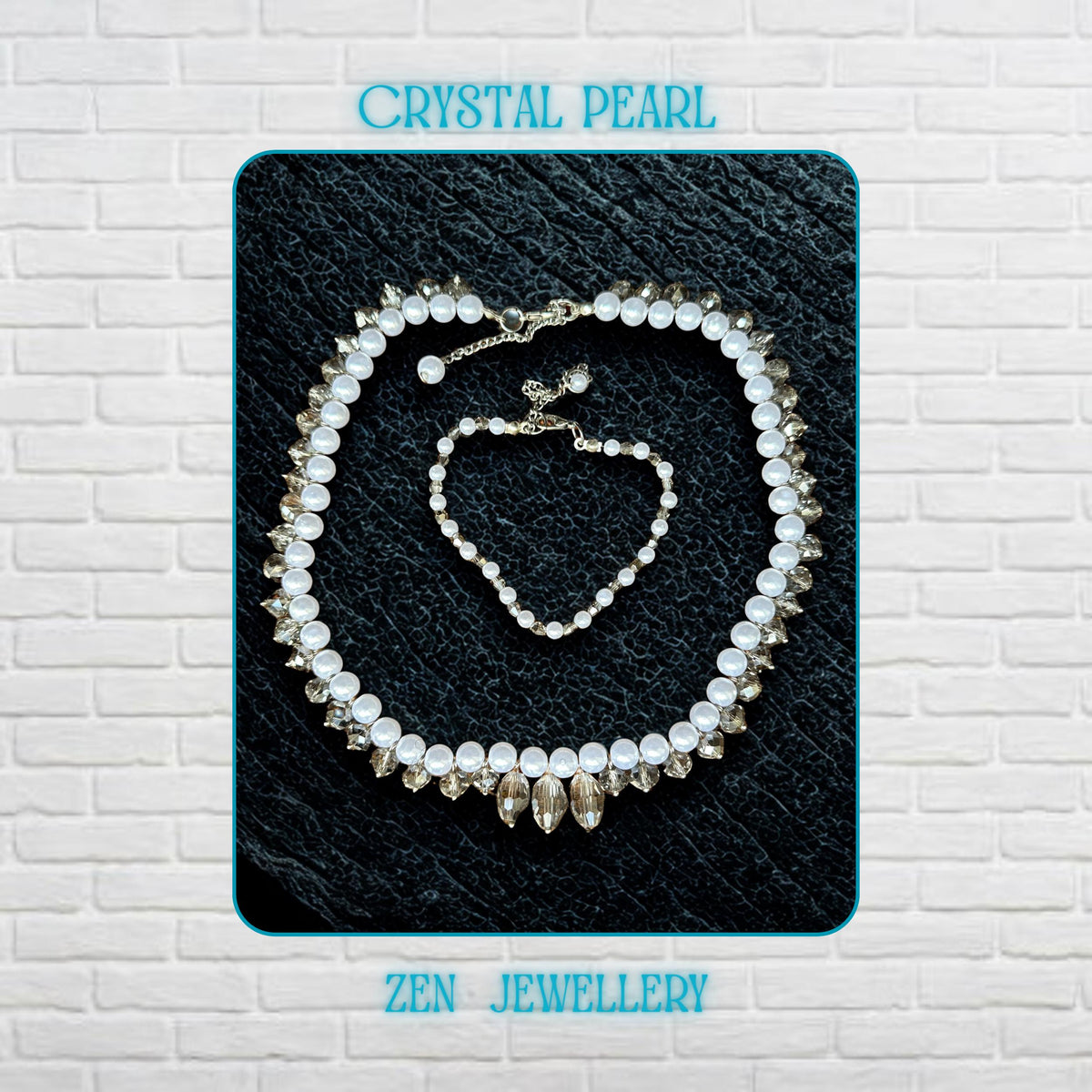 Close-up view of a handmade white pearl jewellery set with sparkling grey crystal accents and silver rhinestone spacer details arranged on a dark textured surface. The necklace features alternating glossy pearl-style beads and faceted crystal beads creating elegant texture and contrast. The matching bracelet includes delicate silver chain details and a secure clasp closure. This lightweight bridal-inspired jewellery set creates a romantic and lux