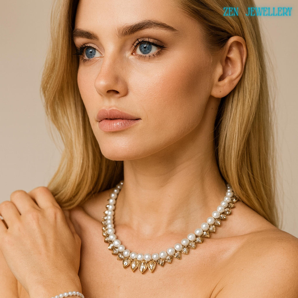 Beautiful blond model with blue eyes wearing romantic white pearl necklace and bracelet set handcrafted with glossy round beads sparkling crystal drops and silver metal details creating a feminine and elegant statement jewellery design. The necklace features larger crystal accents at the centre front surrounded by delicate pearl rows that create graceful movement and shine. The bracelet mirrors the necklace design for a polished matching look.