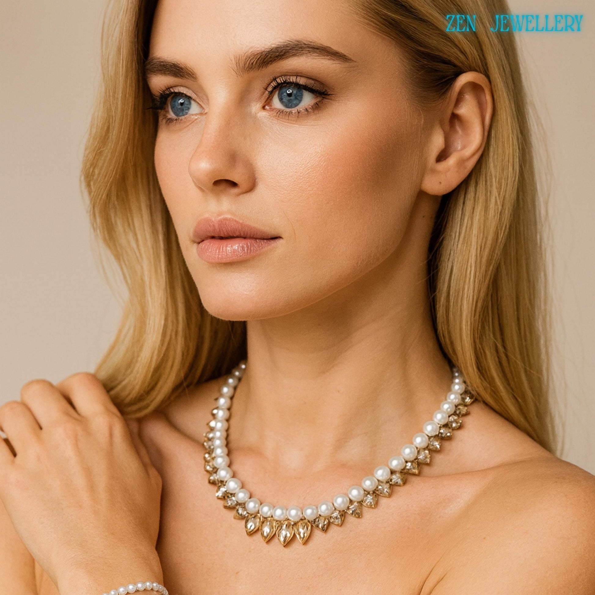 Beautiful blond model with blue eyes wearing romantic white pearl necklace and bracelet set handcrafted with glossy round beads sparkling crystal drops and silver metal details creating a feminine and elegant statement jewellery design. The necklace features larger crystal accents at the centre front surrounded by delicate pearl rows that create graceful movement and shine. The bracelet mirrors the necklace design for a polished matching look.