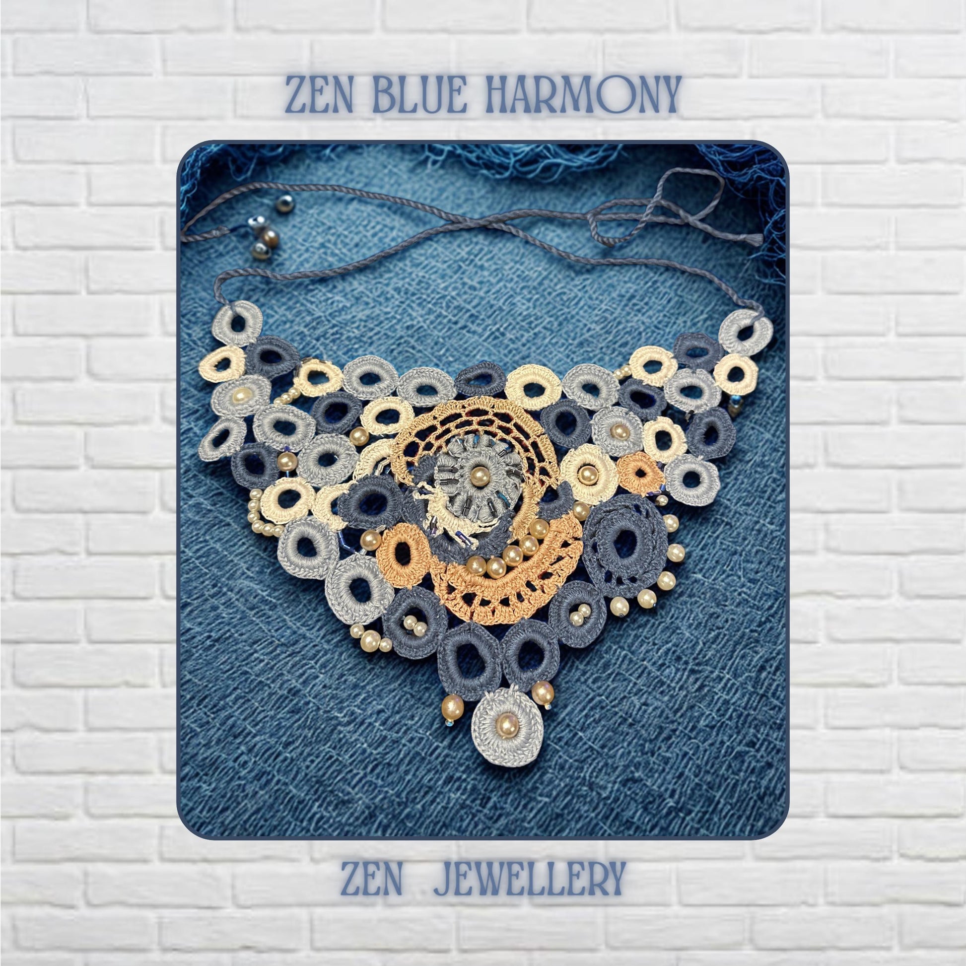 Detailed close view of a handcrafted crochet pearl necklace made with concentric lace inspired circles in shades of blue cream champagne and ivory featuring delicate pearl bead accents and floral geometry with textured embroidery work designed as a high neckline statement piece for elegant outfits and special occasions.