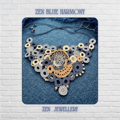 Detailed close view of a handcrafted crochet pearl necklace made with concentric lace inspired circles in shades of blue cream champagne and ivory featuring delicate pearl bead accents and floral geometry with textured embroidery work designed as a high neckline statement piece for elegant outfits and special occasions.