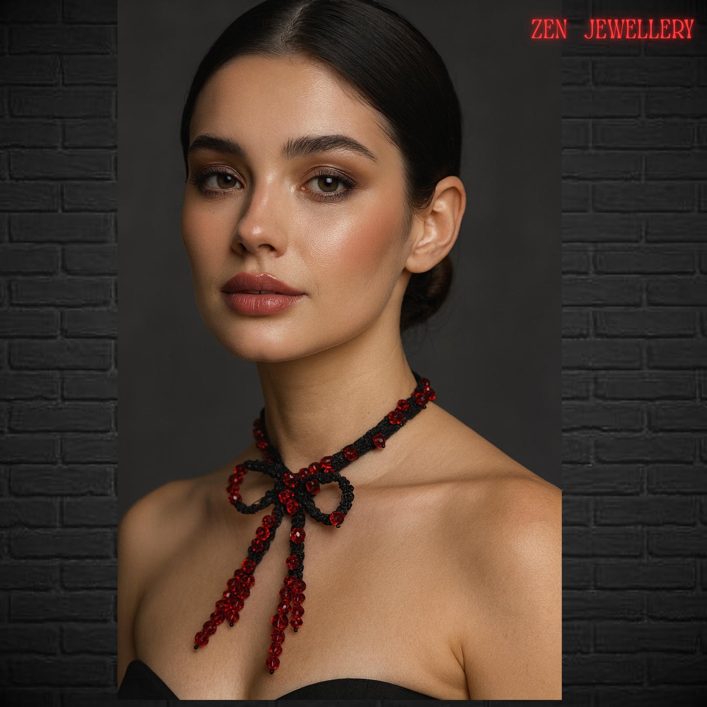 Couture-inspired RED CRYSTAL statement necklace photographed from an angled perspective to showcase the dimensional layered design and handcrafted crochet texture. The soft black braided strands twist naturally while vivid red faceted beads sparkle intensely against the dark background. The scattered crystal arrangement creates graceful movement and a dramatic, feminine silhouette. The combination of flowing textile texture and luxurious crystal