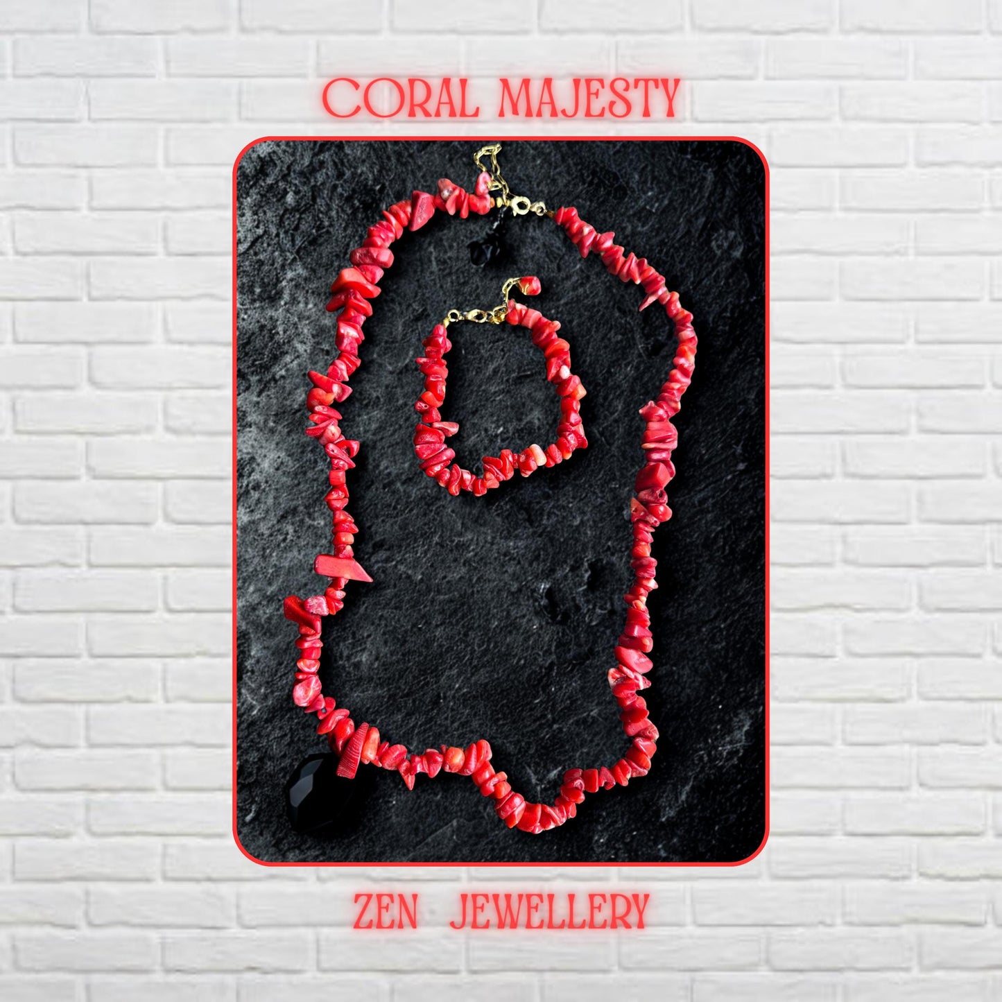 Close-up image of the red coral chip necklace showing irregular natural-style coral pieces with polished surfaces and vibrant red tones connected by delicate gold chain sections. The handcrafted arrangement creates movement and texture while the bold coral centre stones add depth and visual balance to the jewellery design.
