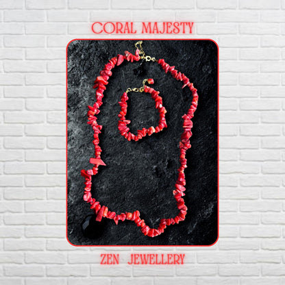 Close-up image of the red coral chip necklace showing irregular natural-style coral pieces with polished surfaces and vibrant red tones connected by delicate gold chain sections. The handcrafted arrangement creates movement and texture while the bold coral centre stones add depth and visual balance to the jewellery design.