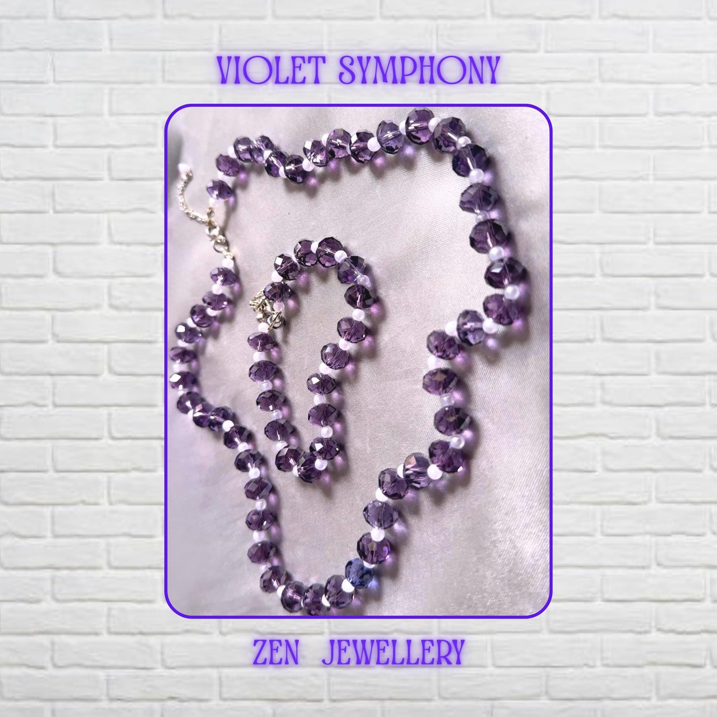 Elegant white pearls and purple crystal jewellery set with matching necklace and bracelet designed using glossy faceted crystal beads that reflect light beautifully and create a luxurious sparkling effect with feminine styling.
