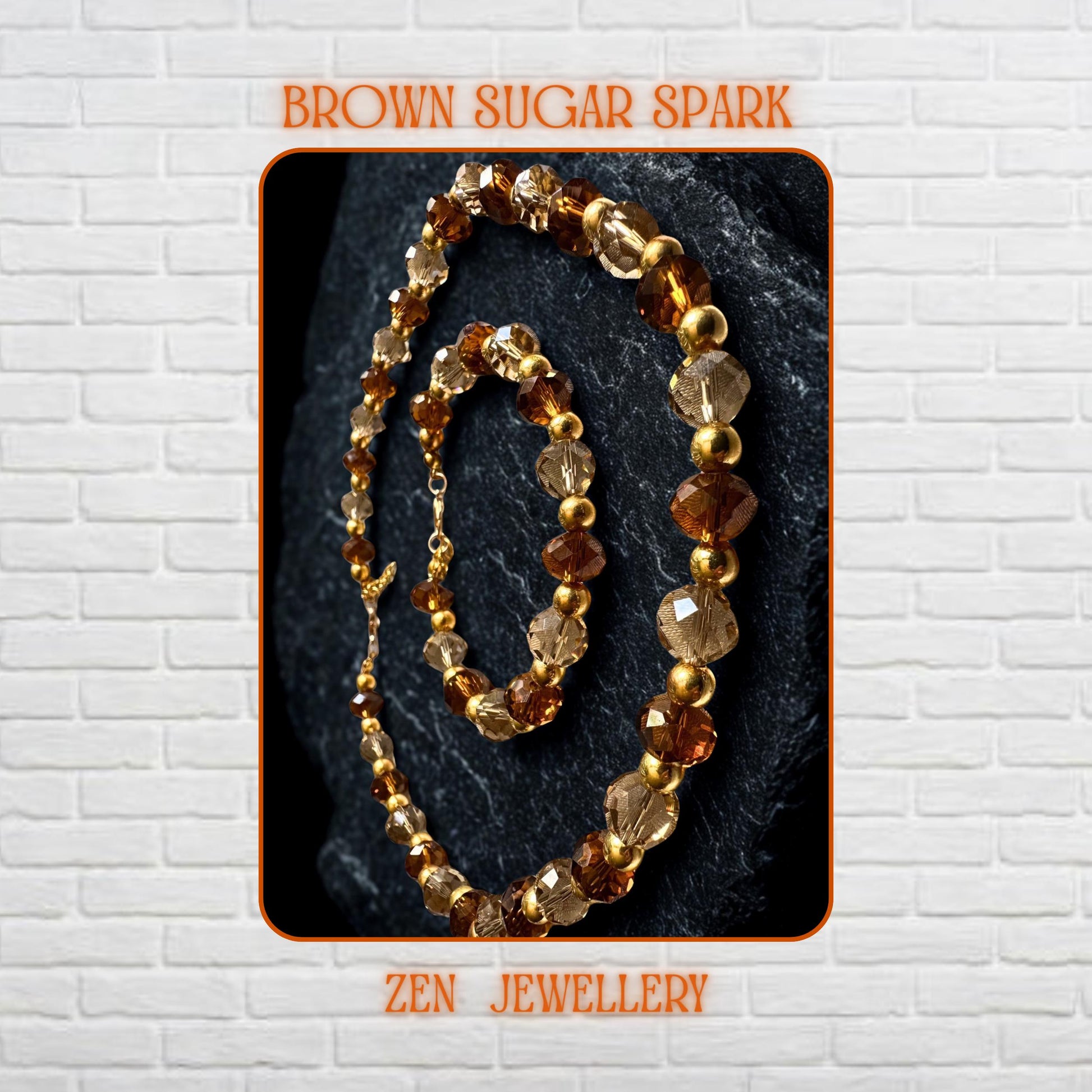 Close-up image of faceted champagne crystal beads paired with shiny gold beads creating a warm honey-coloured sparkle against the black stone background. The polished crystal surfaces reflect soft golden light while the handcrafted jewellery arrangement highlights the elegant matching necklace and bracelet design with luxurious feminine styling details.
