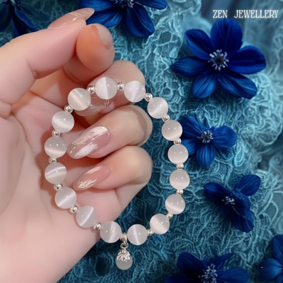 Detailed product image presenting the contrast between the luminous white gemstone beads and translucent grey gemstone accents, demonstrating the bracelet's balanced colour palette and contemporary elegance while allowing buyers to visualise the sophisticated appearance that pairs effortlessly with casual outfits, formal wear and special occasion ensembles.