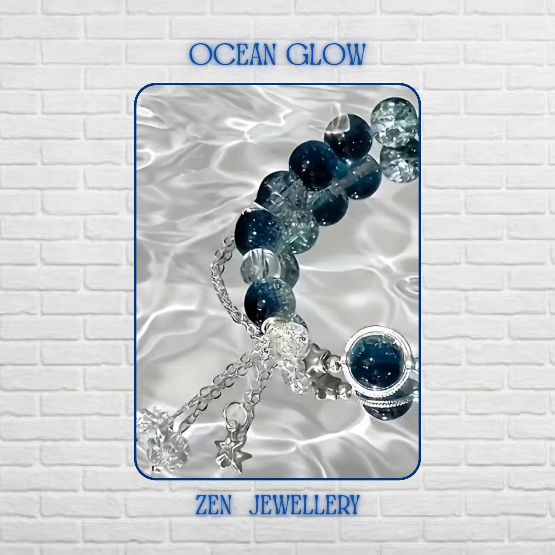Close-up view highlighting the rich navy-blue gemstone beads with a glossy polished finish. The beads are combined with sparkling crackle crystal beads that create depth, texture, and ocean-inspired elegance. Silver-toned decorative accents separate the gemstones, while the central blue gemstone charm draws attention to the sophisticated design. Bracelet length is 19 cm (7.48 inches) with adjustable sizing.