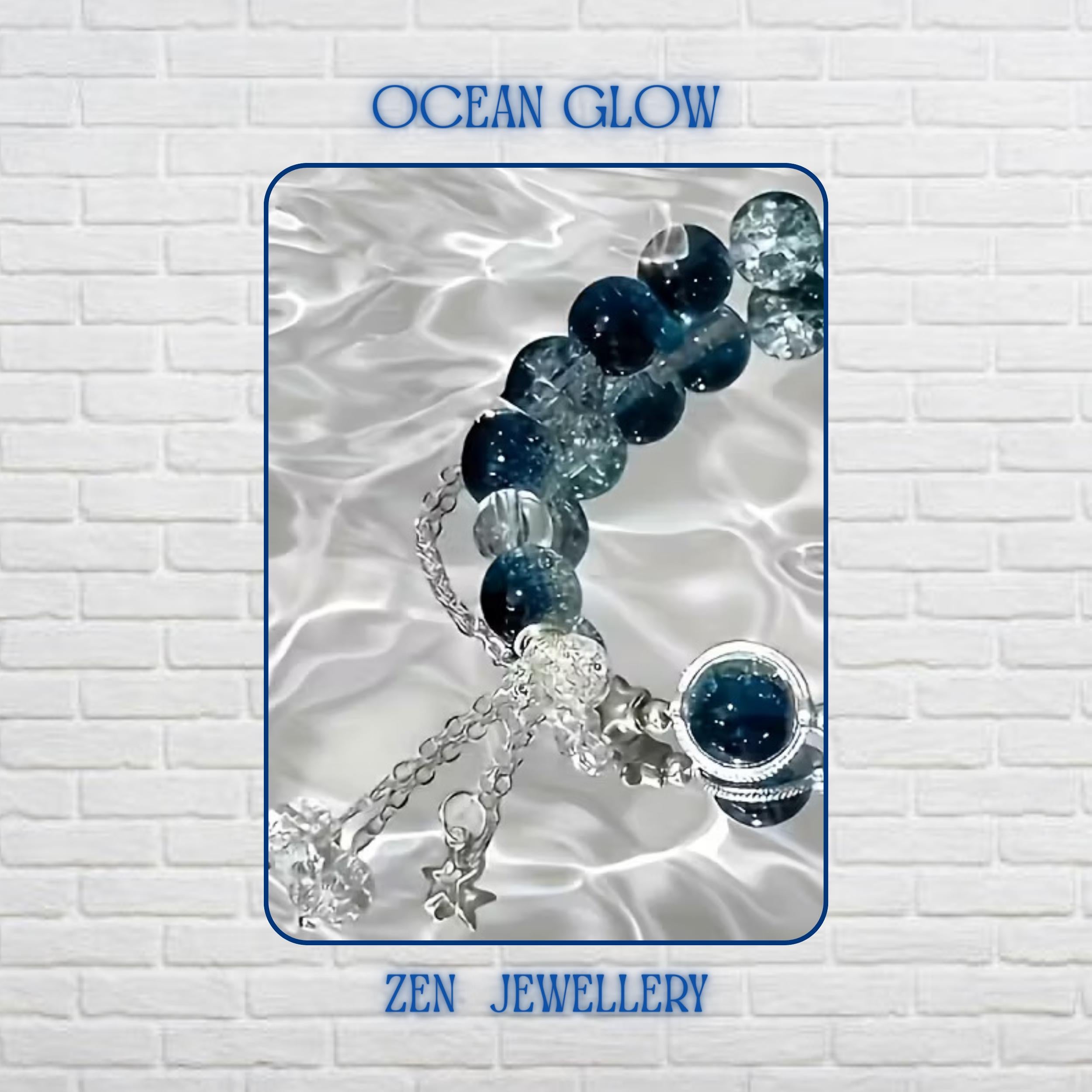 Close-up view highlighting the rich navy-blue gemstone beads with a glossy polished finish. The beads are combined with sparkling crackle crystal beads that create depth, texture, and ocean-inspired elegance. Silver-toned decorative accents separate the gemstones, while the central blue gemstone charm draws attention to the sophisticated design. Bracelet length is 19 cm (7.48 inches) with adjustable sizing.