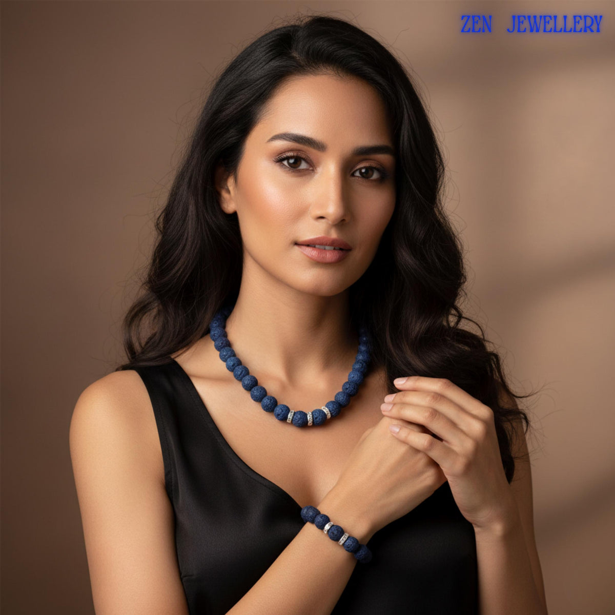 beuatiful model with a black dress wearing a lava stone necklace and bracelet set