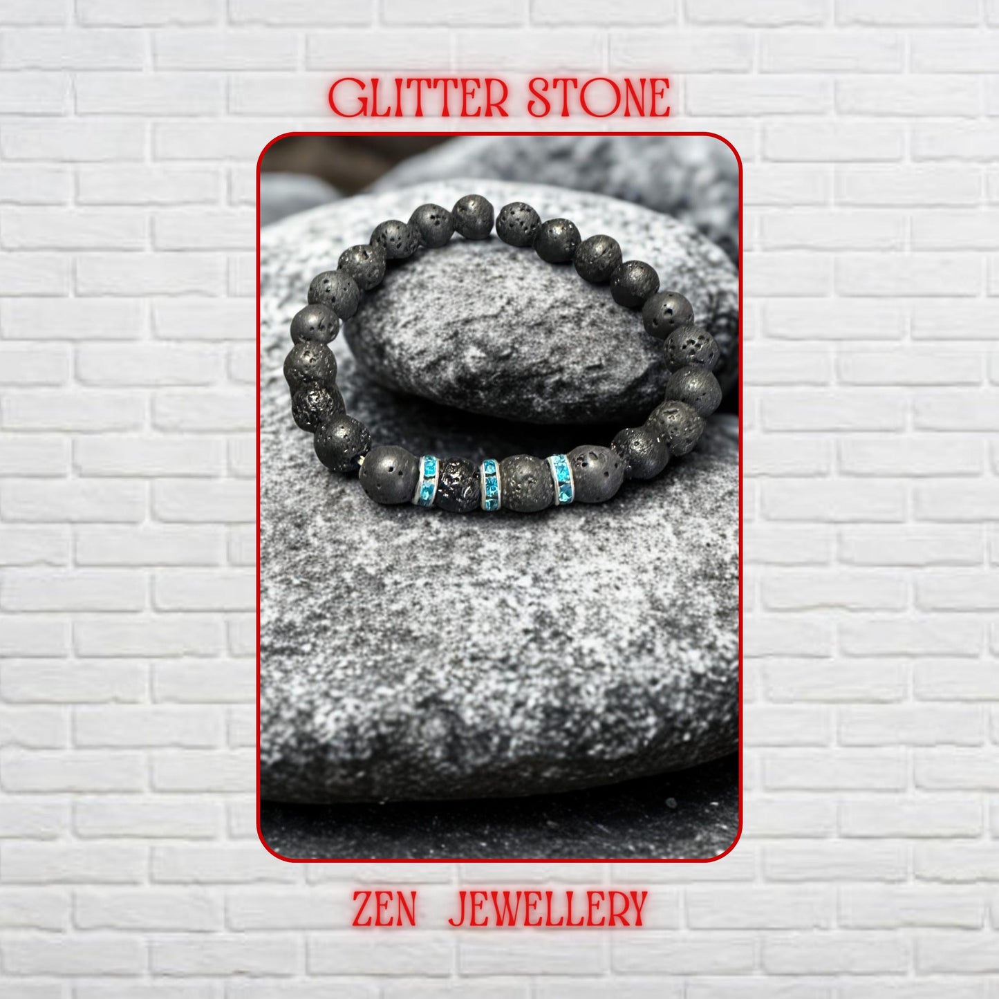 Close-up view of natural volcanic lava beads showing porous texture and organic matte black finish beside sparkling turquoise rhinestone spacer details. The bracelet creates a minimalist bohemian style inspired by grounding volcanic energy and modern handmade jewellery design. Different bead sizes create balance and visual interest across the bracelet.