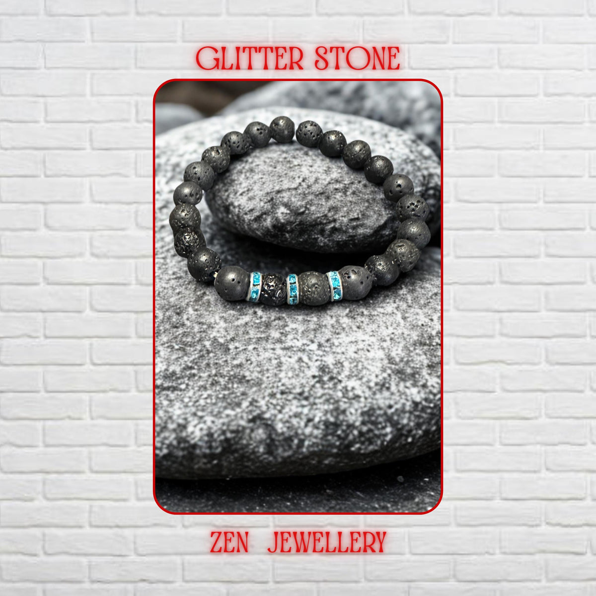 Close-up view of natural volcanic lava beads showing porous texture and organic matte black finish beside sparkling turquoise rhinestone spacer details. The bracelet creates a minimalist bohemian style inspired by grounding volcanic energy and modern handmade jewellery design. Different bead sizes create balance and visual interest across the bracelet.