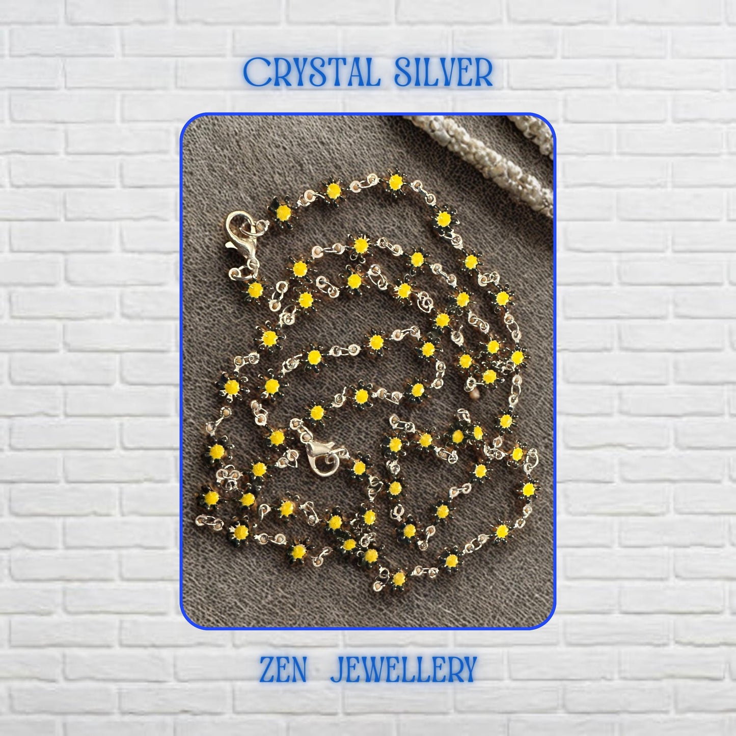 Detailed view of the Crystal Silver floral jewellery set showcasing numerous miniature yellow flower crystals connected by delicate silver links. Each flower-shaped crystal creates sparkle and texture while contributing to the overall botanical theme. The necklace and bracelet feel lightweight and feminine, making them perfect accessories for nature-inspired outfits, summer occasions, floral fashion collections, and cheerful everyday styling.