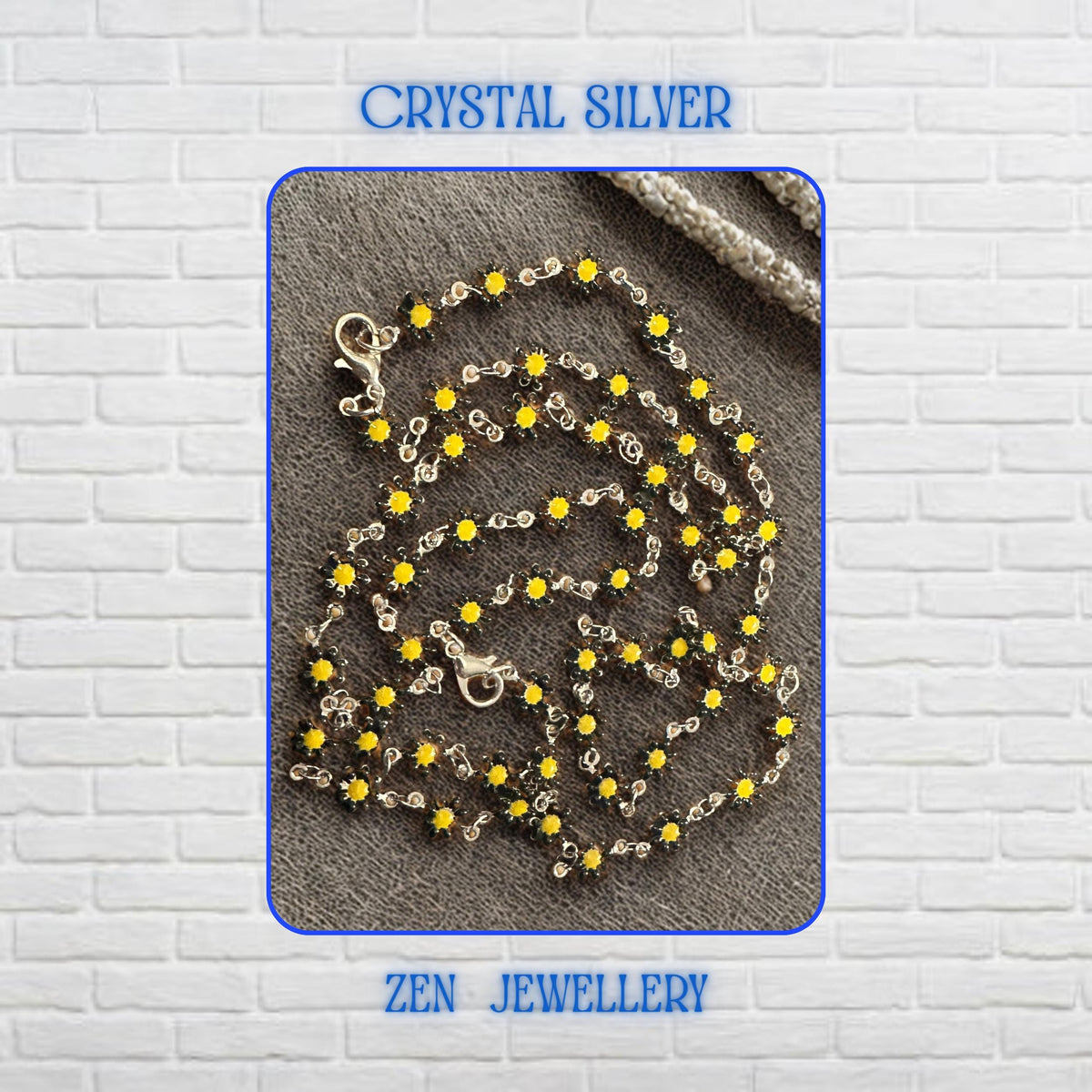 Detailed view of the Crystal Silver floral jewellery set showcasing numerous miniature yellow flower crystals connected by delicate silver links. Each flower-shaped crystal creates sparkle and texture while contributing to the overall botanical theme. The necklace and bracelet feel lightweight and feminine, making them perfect accessories for nature-inspired outfits, summer occasions, floral fashion collections, and cheerful everyday styling.