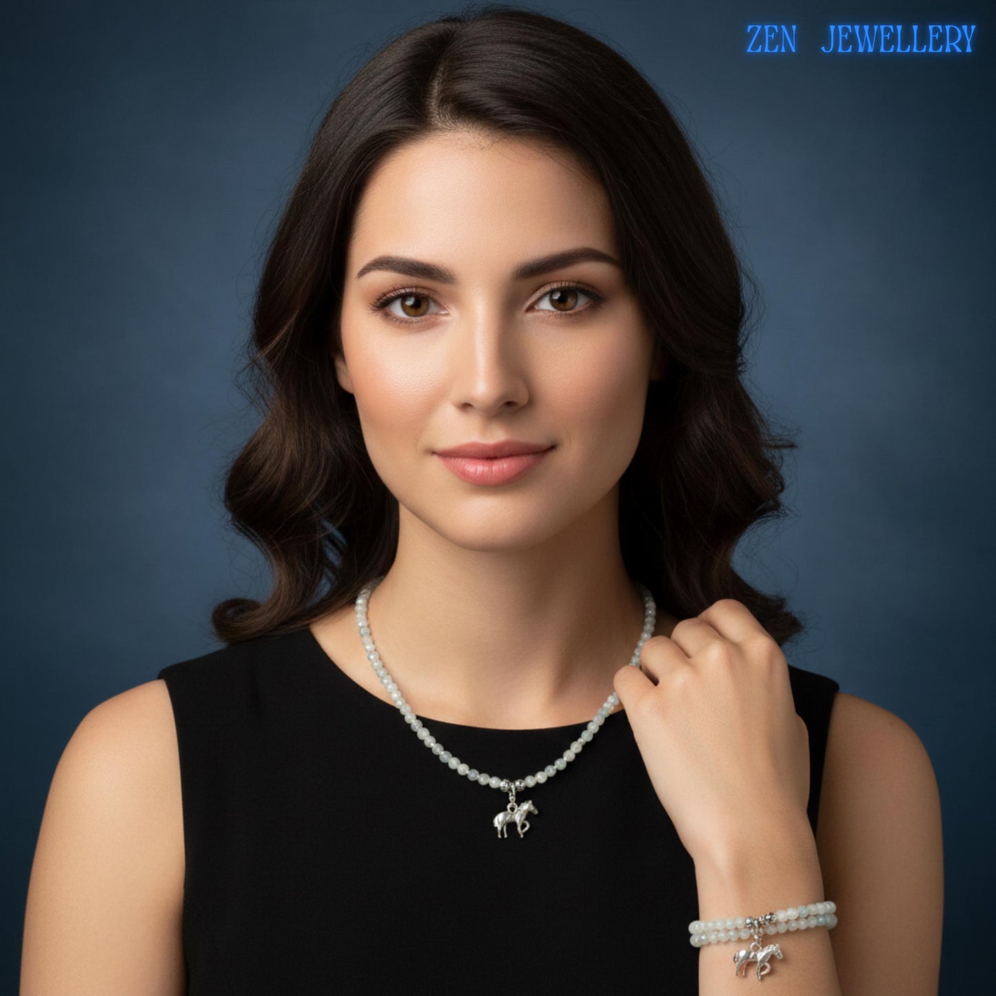 Jewellery set photographed to showcase overall proportions and styling versatility. The soft white crystal beads pair effortlessly with neutral wardrobes, bridal attire, equestrian clothing and special occasion outfits. Horse-themed accents make the design especially appealing for riders and horse enthusiasts.