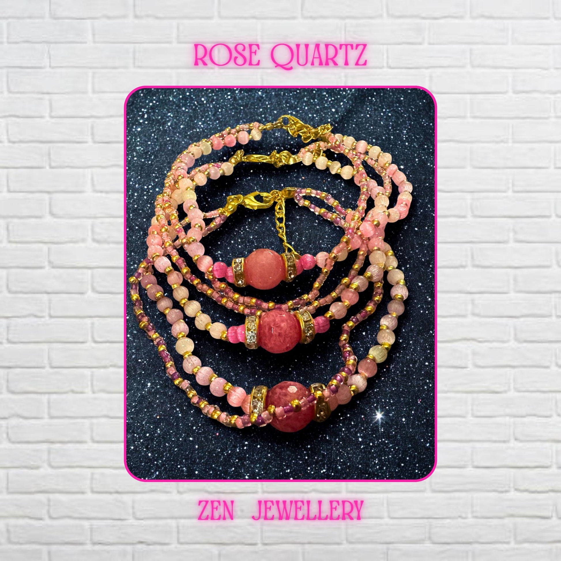 Multiple strands flow gracefully around the wrist, creating movement and texture within the design. The bracelet combines translucent rose crystal beads with pink seed beads and metallic accents to achieve a layered jewellery look. A faceted raspberry focal stone serves as the centrepiece and catches light beautifully from different angles. Complete measurement details are provided within the listing description for buyer convenience.