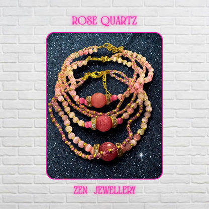 Multiple strands flow gracefully around the wrist, creating movement and texture within the design. The bracelet combines translucent rose crystal beads with pink seed beads and metallic accents to achieve a layered jewellery look. A faceted raspberry focal stone serves as the centrepiece and catches light beautifully from different angles. Complete measurement details are provided within the listing description for buyer convenience.