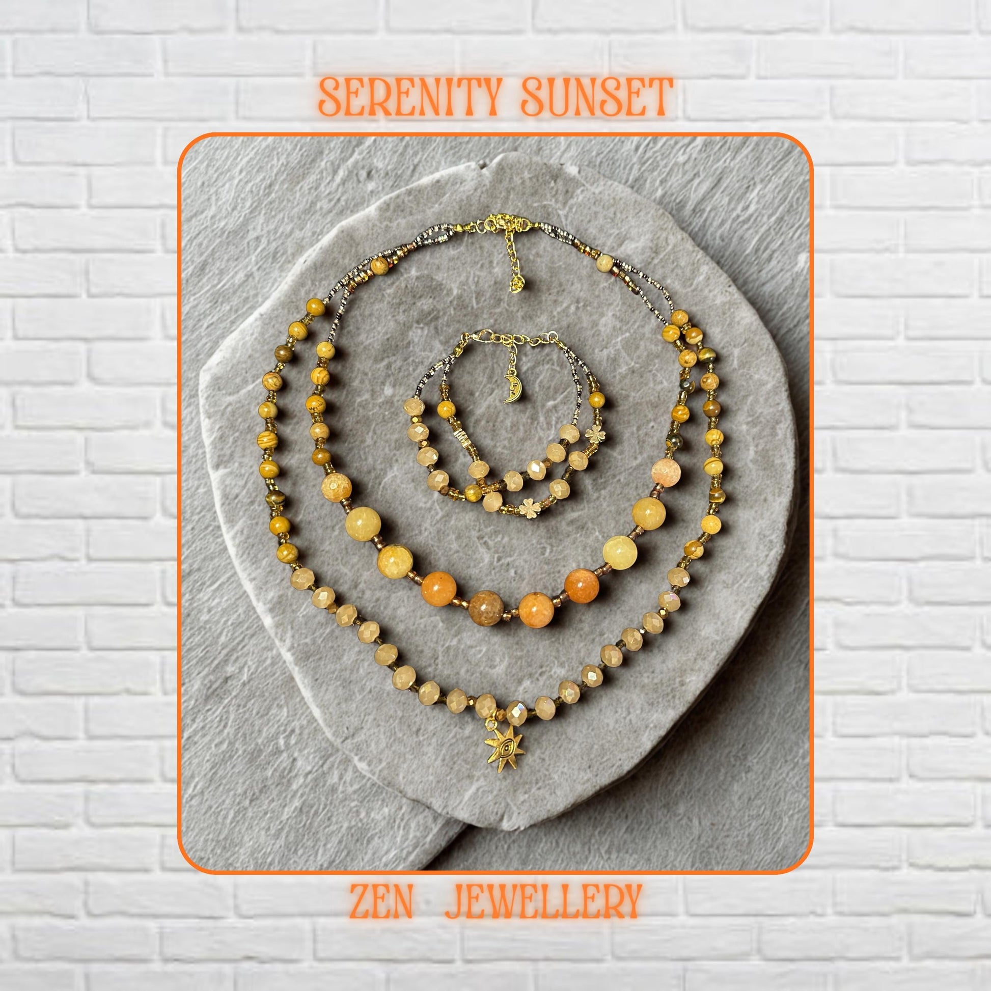 Close-up view of the gemstone beads showing polished yellow jade stones, faceted champagne crystal beads, and warm amber accents. The gold spacer beads add shine and contrast, while the handcrafted arrangement creates a soft bohemian feel.