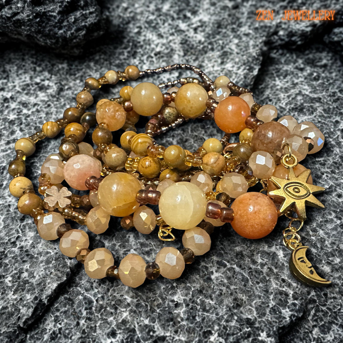 Elegant boho jewellery set with warm honey and caramel beads paired with sparkling champagne crystal details. The design feels lightweight, artisanal, and easy to style with neutral or earthy outfits.
The layered strands create graceful movement and a soft luxurious look. The matching bracelet mirrors the necklace beautifully, making this a complete handmade gemstone jewellery set.