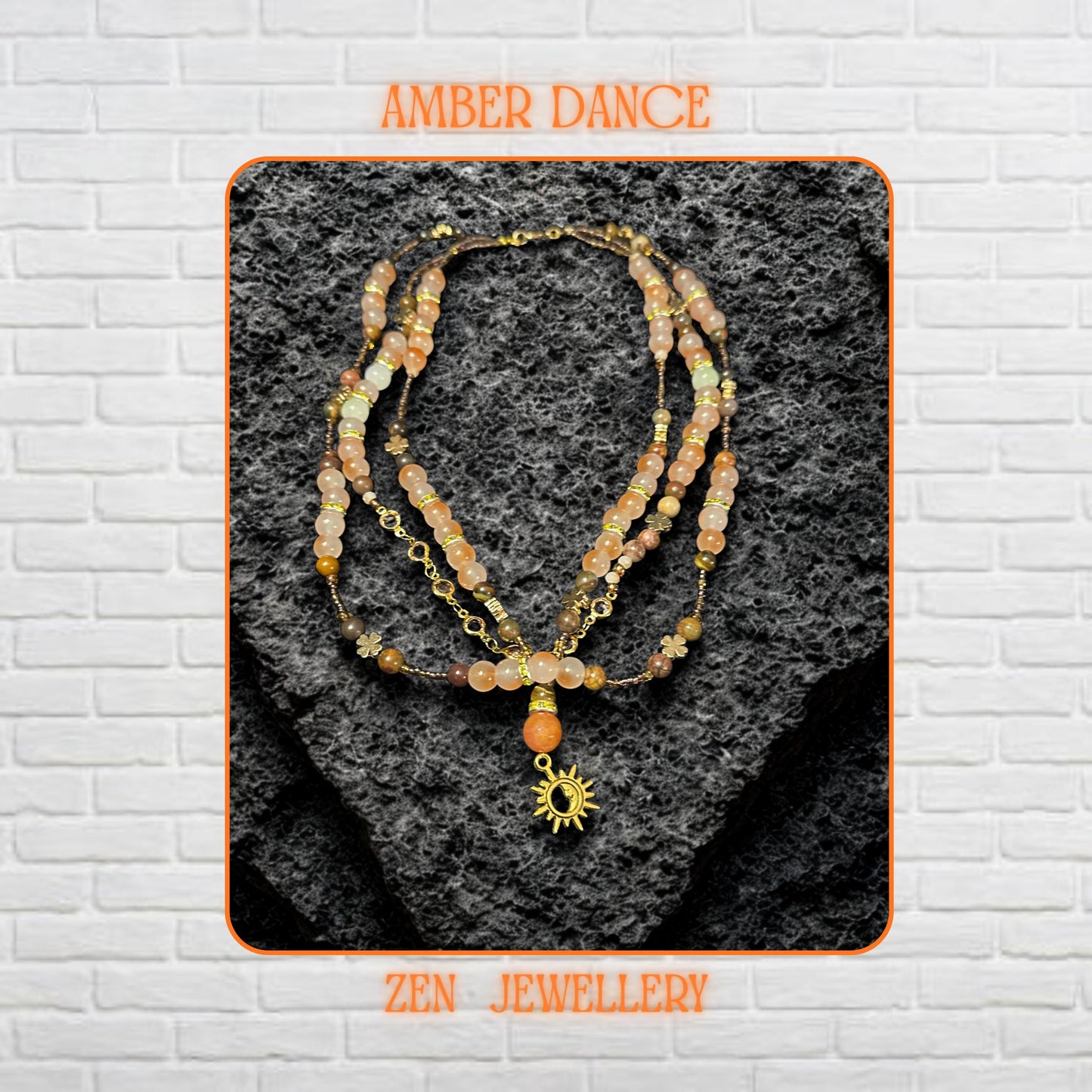Handmade aventurine jewellery set photographed from above on black volcanic stone surface showing layered bohemian necklace with warm blush orange and champagne crystal beads. Smooth round gemstone beads reflect natural light softly while faceted crystal accents create elegant sparkle. Gold chain details, celestial charm pendant, and floral accents add feminine artistic texture. Necklace strands measure 42 cm, 44 cm, and 51 cm with adjustable bra