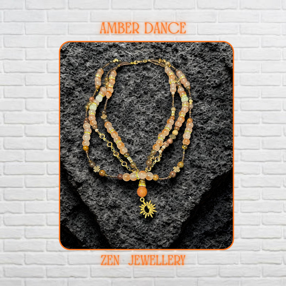 Handmade aventurine jewellery set photographed from above on black volcanic stone surface showing layered bohemian necklace with warm blush orange and champagne crystal beads. Smooth round gemstone beads reflect natural light softly while faceted crystal accents create elegant sparkle. Gold chain details, celestial charm pendant, and floral accents add feminine artistic texture. Necklace strands measure 42 cm, 44 cm, and 51 cm with adjustable bra