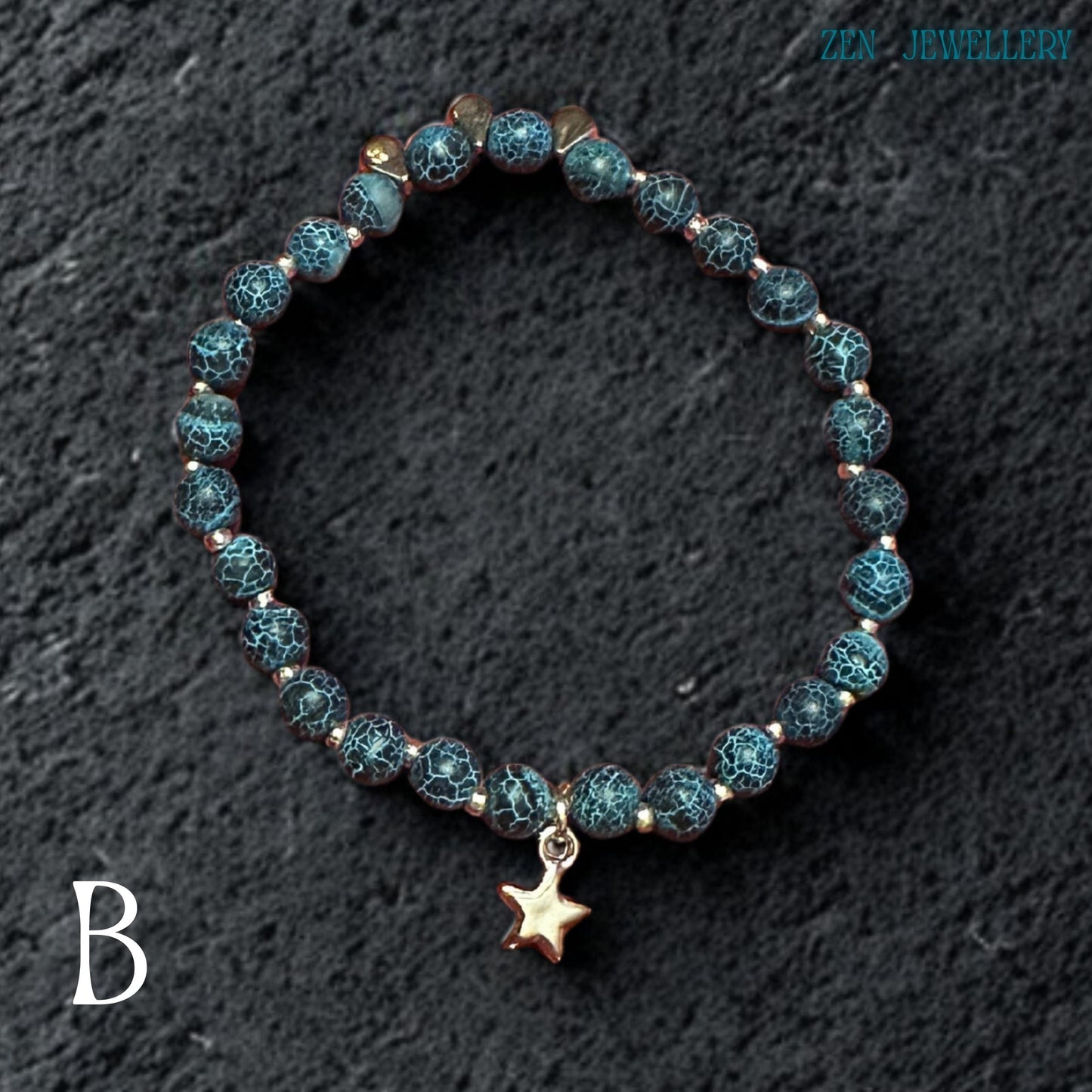 Artistic flat-lay photograph showing the complete Blue Crackle Agate jewellery set arranged naturally on a black textured stone surface emphasizing the rich turquoise colours, organic crackled bead textures, silver metallic details, and celestial star charms while creating dramatic contrast that highlights the gemstone depth, layered necklace design, and elegant handcrafted composition from a slightly elevated viewing angle.