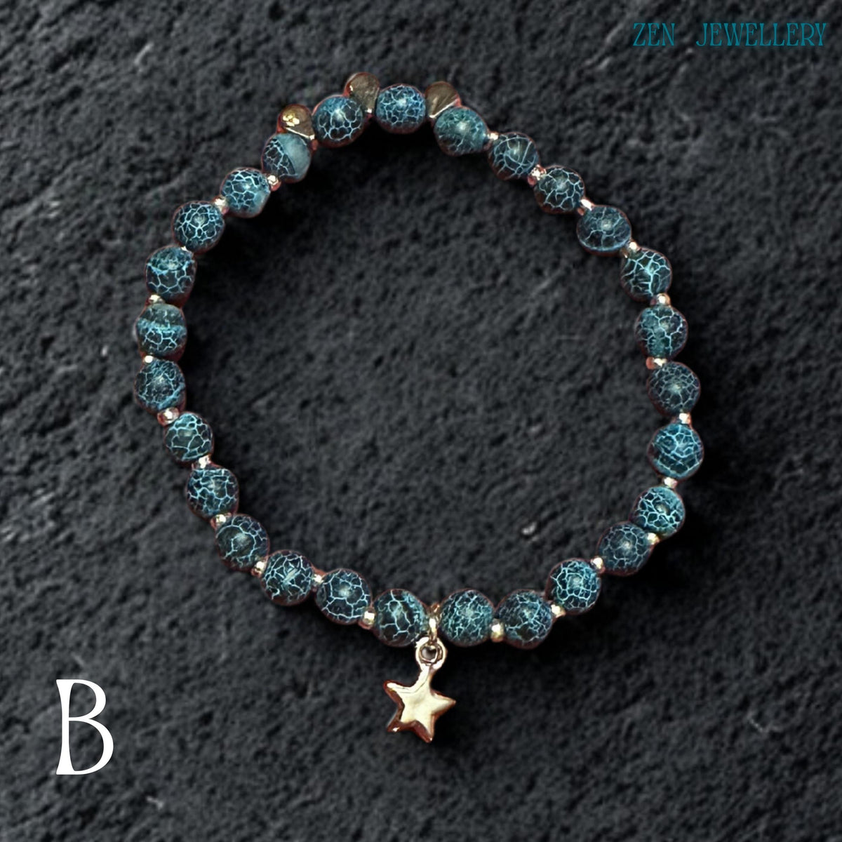 Artistic flat-lay photograph showing the complete Blue Crackle Agate jewellery set arranged naturally on a black textured stone surface emphasizing the rich turquoise colours, organic crackled bead textures, silver metallic details, and celestial star charms while creating dramatic contrast that highlights the gemstone depth, layered necklace design, and elegant handcrafted composition from a slightly elevated viewing angle.