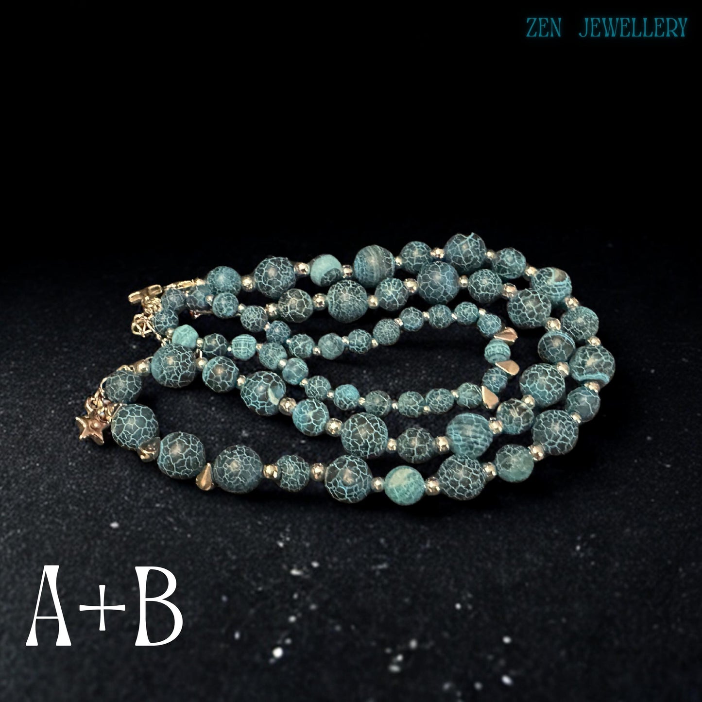 Elegant Blue Crackle Agate necklace and bracelet set styled on a dark background showing the flowing layered arrangement of turquoise gemstone beads with silver spacer details and star charms that create visual texture, depth, and movement while highlighting the handcrafted bohemian design perfect for festivals, evening wear, casual chic outfits, or celestial jewellery collections.