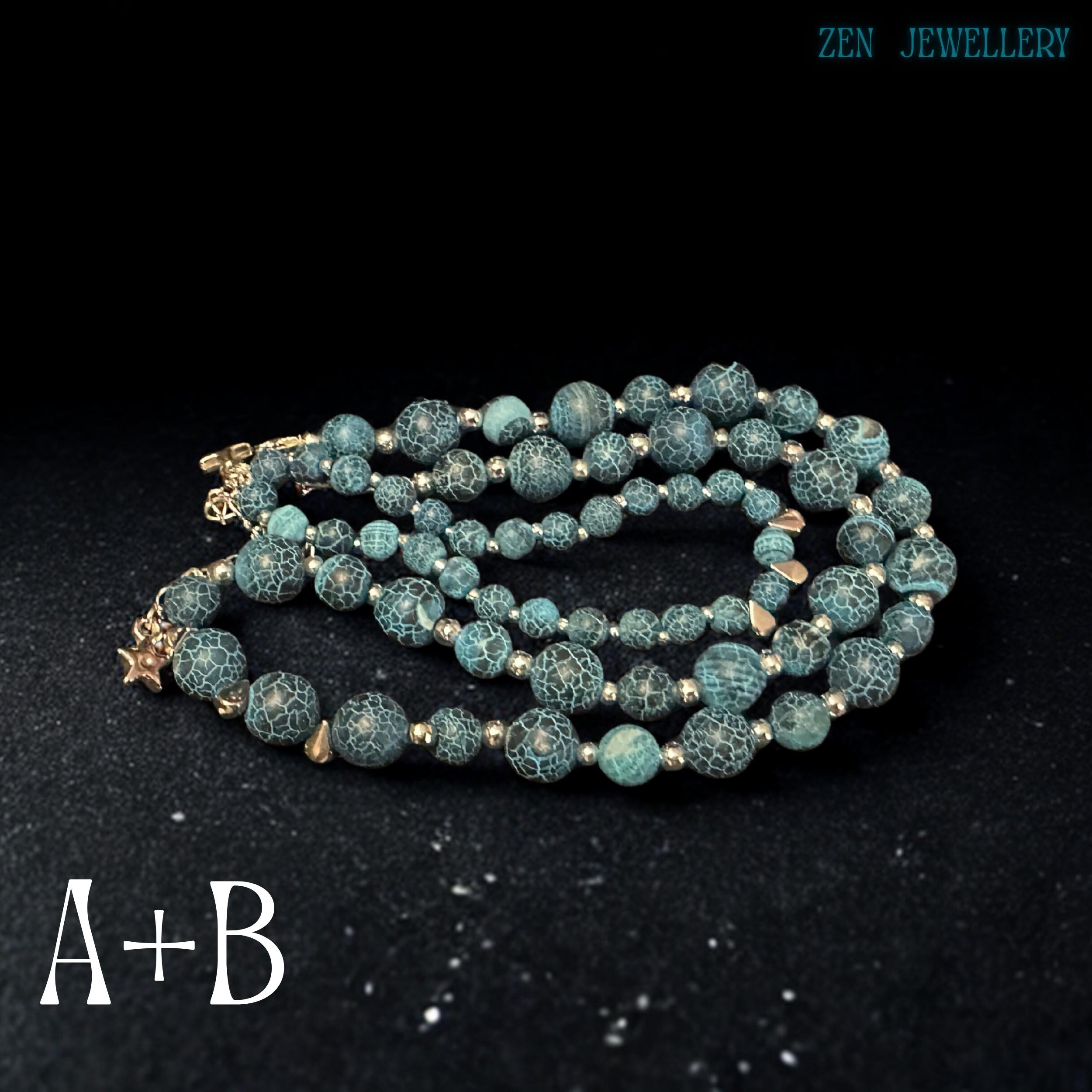 Elegant Blue Crackle Agate necklace and bracelet set styled on a dark background showing the flowing layered arrangement of turquoise gemstone beads with silver spacer details and star charms that create visual texture, depth, and movement while highlighting the handcrafted bohemian design perfect for festivals, evening wear, casual chic outfits, or celestial jewellery collections.