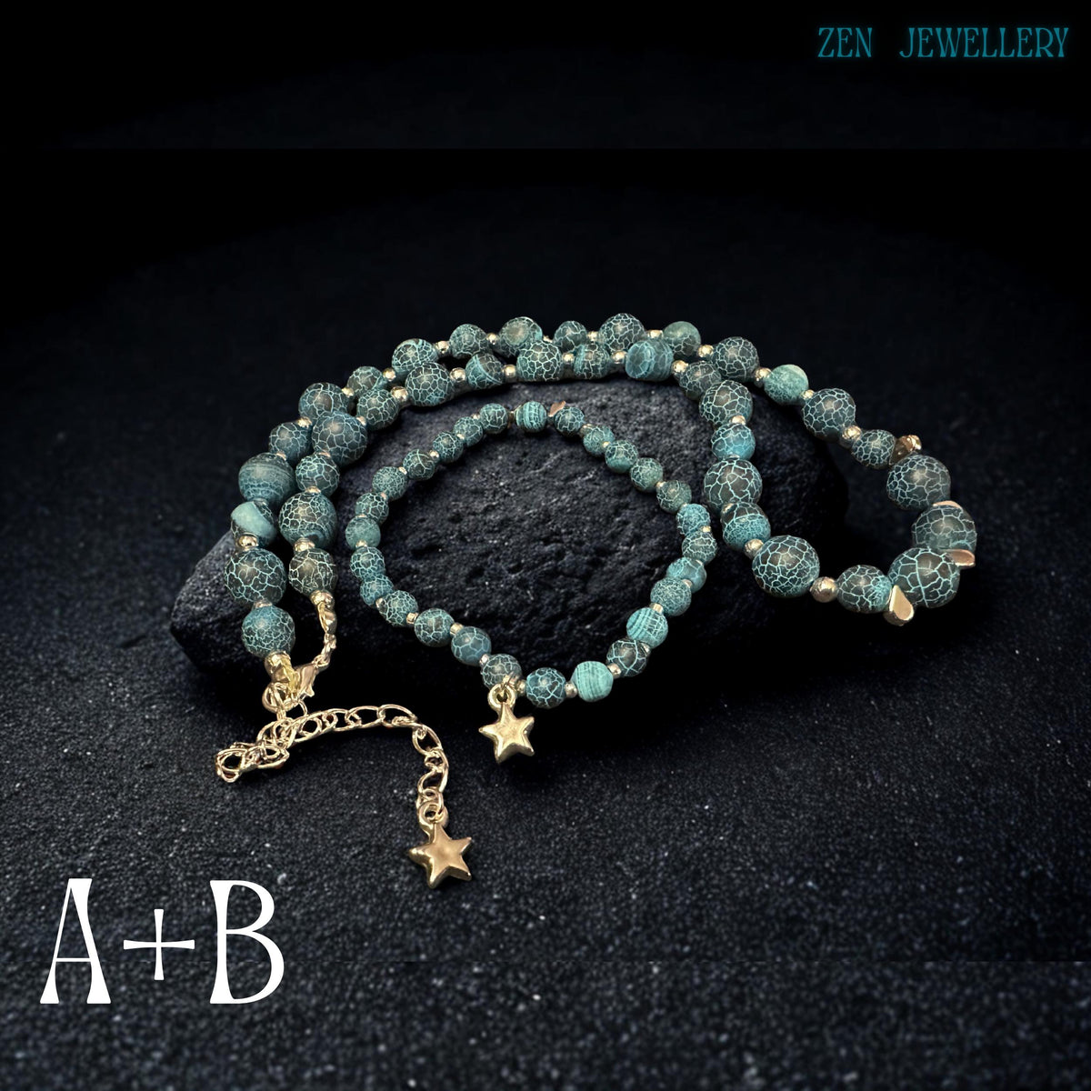 Close-up image highlighting the silver chain extension and dangling silver star charm attached to the Blue Crackle Agate necklace clasp showing delicate handcrafted metalwork, polished silver closure details, and celestial decorative elements that add mystical elegance and movement to the gemstone jewellery design while complementing the rich turquoise and black crackled bead colours beautifully.