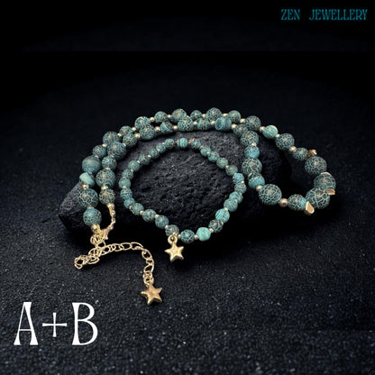Close-up image highlighting the silver chain extension and dangling silver star charm attached to the Blue Crackle Agate necklace clasp showing delicate handcrafted metalwork, polished silver closure details, and celestial decorative elements that add mystical elegance and movement to the gemstone jewellery design while complementing the rich turquoise and black crackled bead colours beautifully.