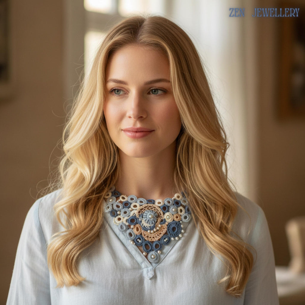 Elegant handmade statement necklace crafted from cotton crochet embroidery and white pearls featuring soft textile textures circular embroidered elements and layered mandala inspired design details photographed closely to reveal the luxury handcrafted finish and delicate beadwork suitable for bridal and evening wear.