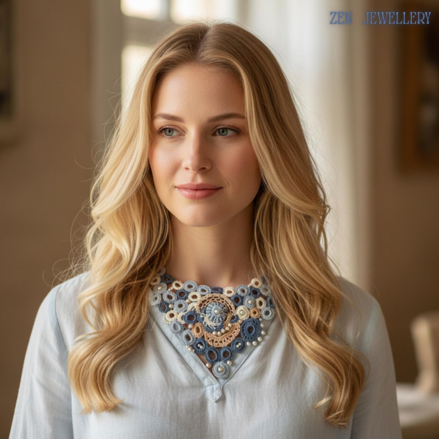Elegant handmade statement necklace crafted from cotton crochet embroidery and white pearls featuring soft textile textures circular embroidered elements and layered mandala inspired design details photographed closely to reveal the luxury handcrafted finish and delicate beadwork suitable for bridal and evening wear.
