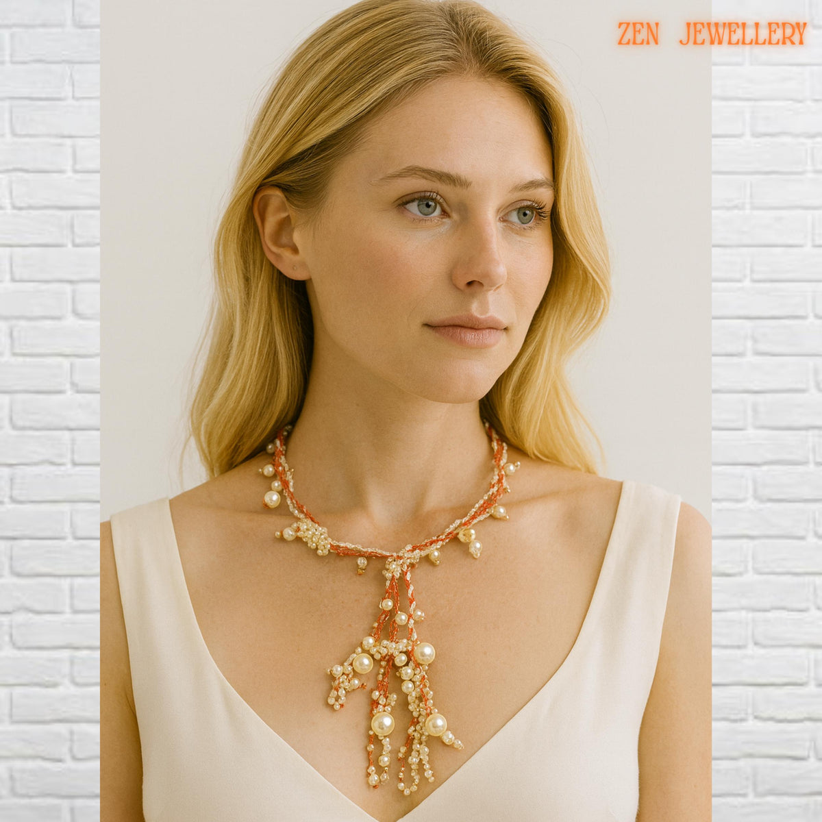 Elegant bohemian WHITE PEARL jewellery displayed from an angled perspective to showcase the flowing tassel strands and handcrafted textile details. The necklace combines soft ivory pearl beads with coral orange crochet cords and tiny seed bead accents for a feminine artistic appearance. The asymmetrical layered design creates graceful movement while larger pearl drops become eye-catching focal points.