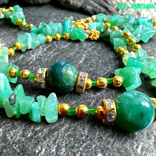Elegant festival-style necklace with layered aventurine stones and gold accents designed for lightweight, comfortable everyday styling. Green gemstone jewellery set photographed flat to display necklace length, bracelet proportions, clasp details, and natural chip bead arrangement.
