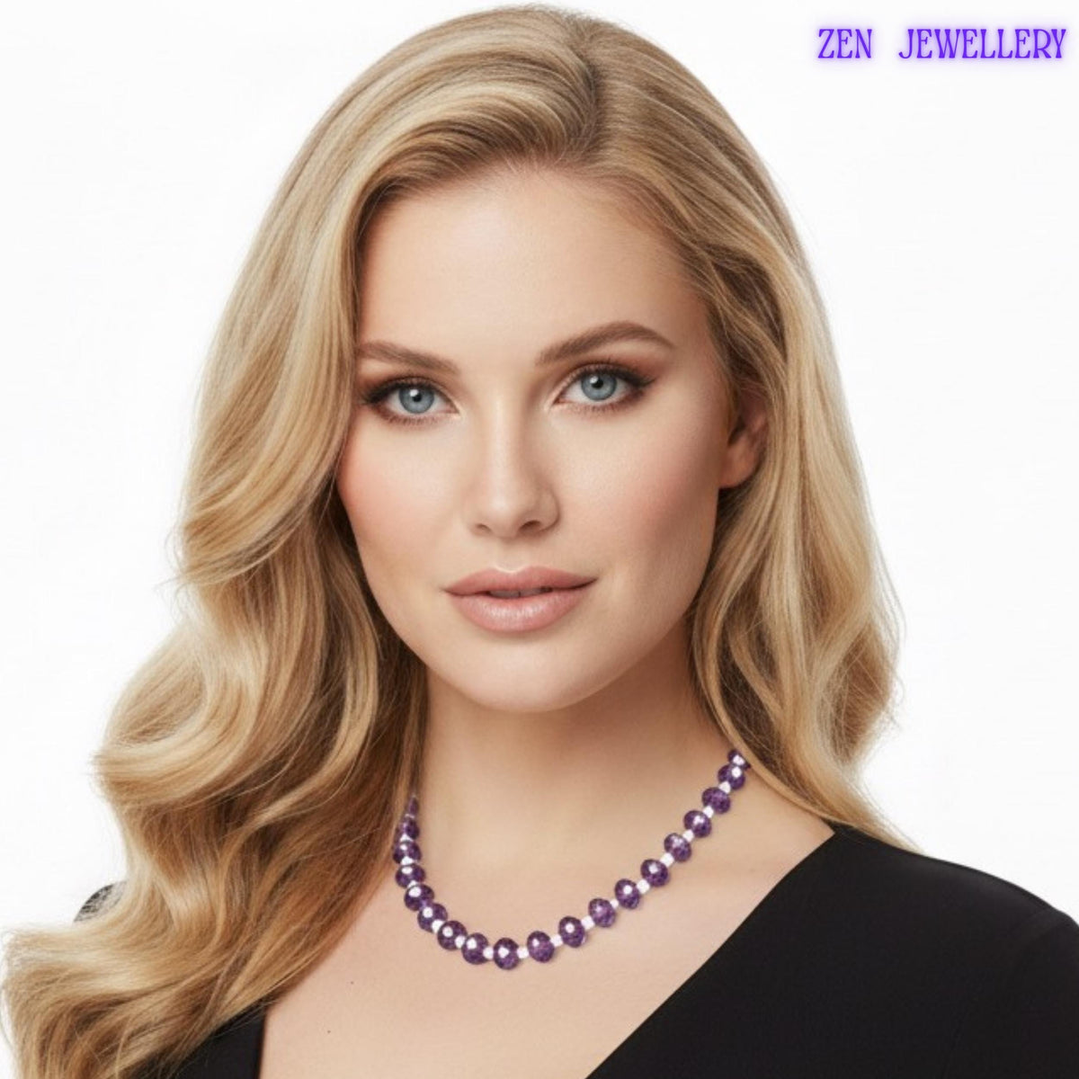 Stylish handmade purple crystal jewellery set with faceted amethyst coloured beads white pearl spacers and elegant silver chain details designed for bridal outfits evening wear and romantic feminine fashion looks.
