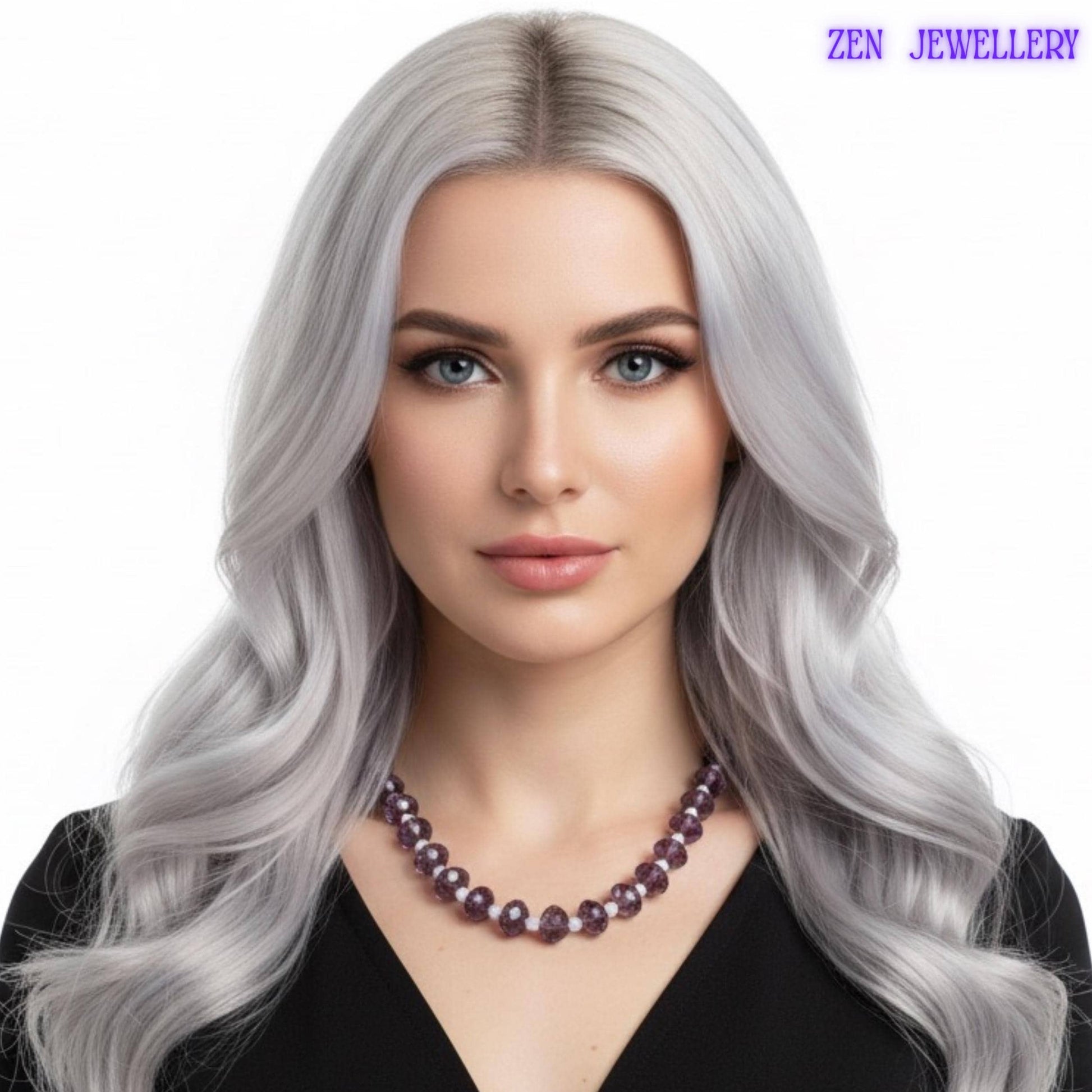 Feminine amethyst inspired crystal necklace and bracelet set featuring glossy purple faceted beads paired with white pearl style spacers creating a soft romantic and timeless appearance perfect for evening styling.
